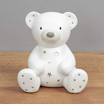 Image of Widdop &amp; Co. Bambino White Resin Money Box (12 x 11 9cm) Teddy Bear with Crystal Stars Baby Gift for Christening, Shower