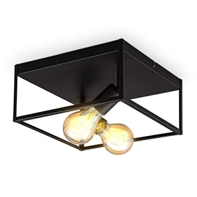 Image of B.K.Licht Ceiling Light, 2 E27 sockets, Bulbs not Included, Black Metal, cage Shape, Flame Flush Mount lamp for Entrance or Hallway, 29x29x14cm/11,4x11,4x5.5in