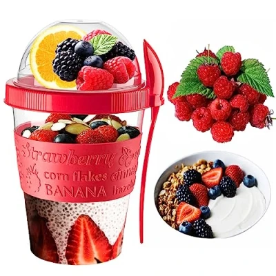 Image of VL Yogurt Pots Spoon Reusable 600ML Overnight Oats Container Muesli Cup with Lid BPA free Breakfast Go Cereal On Dishwasher Safe Snack Lunch Oatmeal Jars Travel Meal Food (Red)