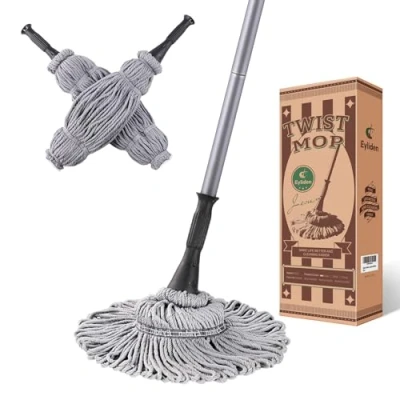 Image of Eyliden Mop with 2 Reusable Heads, Easy Wringing Twist Mop, 57.5 inch Long Handle, Wet Mops for Floor Cleaning, Commercial Household Clean Hardwood, Vinyl, Tile, and More (Grey)