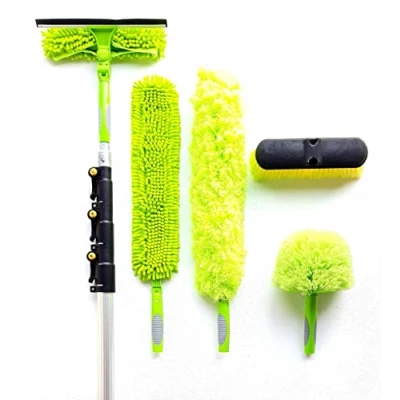 Image of 13ft 4mtr Telescopic Window Cleaning Pole, Feather Duster Extendable Extended Extension Long Reach Squeegee Cob Web Microfibre Brush Kit