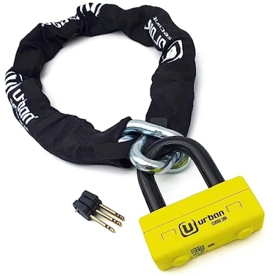 Image of Urban UR75100 Motorcycle Chain Lock, SRA High Security Certification, Hardened Steel Links ø15mm/0.59in, Double Locking Mini U Padlock, Anti Pick Drill 100cm/3.2ft for Garage Anchor Bike