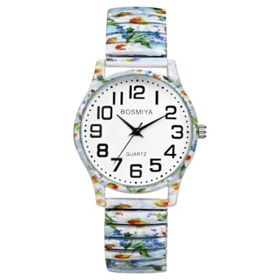 Image of JewelryWe Elastic Watches for Women: Easy Read Analog Quartz Stretch Band Watch Floral Expansion Wristwatch