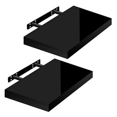 Image of WOLTU High Gloss Floating Shelves,Set of 2 Wall Shelf,CD DVD Storage Corner Shelf, Premium Wooden Shelves for Bedroom LivingRoom kitchen 40x22.9x3.8cm, Black, RG9476sz