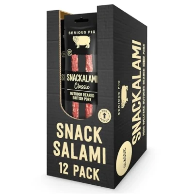 Image of SERIOUS PIG Salami Pub Snacks, Keto High Protein, Meaty, Made with Outdoor Reared British Pork, Savoury Sticks (Snackalami) (Classic) (12 Pack)