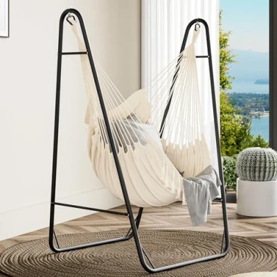 Image of YITAHOME Hammock with Stand, Max. load 150 kg, Stand Hanging Swing, 132x90x160 cm, Sturdy Steel Frame, Swing Chair 2 Hooks and 1 Side Pocket for Patio, Balcony Garden, White
