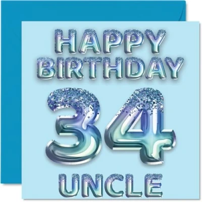 Image of 34th Birthday Card for Uncle Blue Glitter Party Balloons Happy Cards 34 Year Old from Nephew Niece, 145mm x Bday Greeting Gift