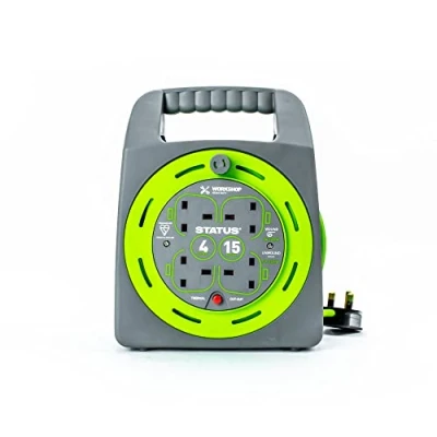Image of Status 15 Mtr 13 amp Hand Bag 4 Socket Outlet with Thermal Cut Out Green Cable Reel