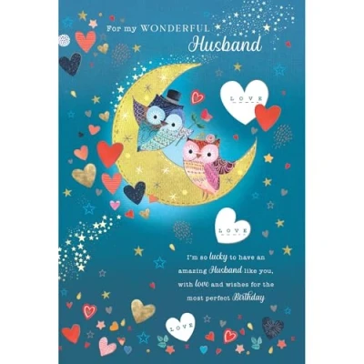 Image of Paper Rose Wonderful Husband Birthday Card Cute Owl Couple on the Moon with Love Hearts and Holographic Foil Details Eco Friendly Recyclable