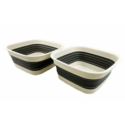 Image of SAMMART 8L Collapsible Tub Foldable Dish Portable Washing Basin Space Saving Plastic Washtub (Grey/Washed Black (Set of 2))