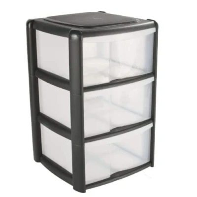 Image of 3 Drawer Plastic Storage Tower Unit, Black &amp; Clear Tontarelli