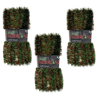 Image of Widdle Wonderland Christmas Tree Tinsel 3 packs of 50ft x 3cm GREAT VALUE Red and Green