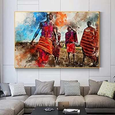 Image of Canvas decorative print Watercolor Art Maasai Tribe Dancing Painting Posters and Prints Abstract Wall Pictures for Living Room Decor 20x28inch