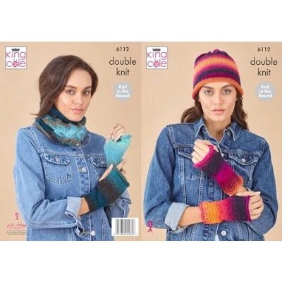 Image of King Cole DK Knitting Pattern 6112 Ladies Hat, Hand Warmers &amp; Cowl