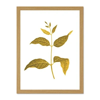 Image of Wee Blue Coo Botanics Gold And Grey Leaves Large Light Oak Framed Art Print Wall Poster 18x24 inch