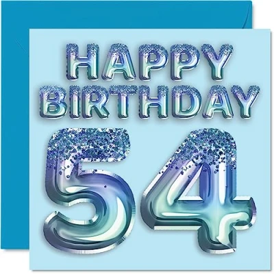 Image of 54th Birthday Card for Men Blue Glitter Party Balloon Happy Cards 54 Year Old Man Uncle Grandad Dad Grandpa Gran, 145mm x Fifty Four Fourth Bday Greeting Gift