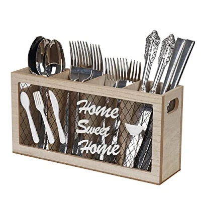 Image of Optyuwah Cutlery Holder Organiser Wooden Kitchen Utensils Caddy, Drainer Flatware Tableware with 4 Compartments for Forks, Knives, Spoons, Chopstick