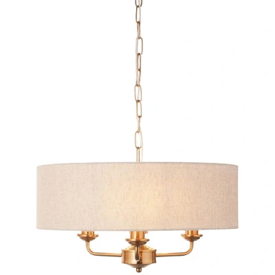 Image of Highclere Multi Arm Pendant Ceiling Light Vintage Brass, Natural Linen, 3x E14