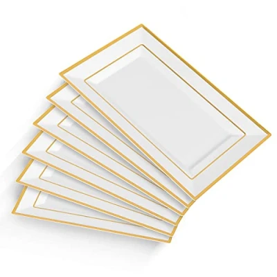 Image of Elegant Plastic Serving Tray &amp; Platter Set (6pk) White Gold Rim Hard Reusable Food for Weddings, Parties, Cupcake display 8x13 inches