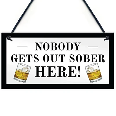 Image of RED OCEAN Funny Home Bar Sign Nobody Gets Out Sober Plaque Pub Garden Alcohol Gift