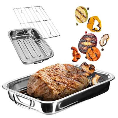 Image of KADAX Roasting Tin with Rack, Stainless Steel Roaster Handles for Oven, Rectangular Tray Turkey, Large Pan (30 x 22 5 cm, Silver)