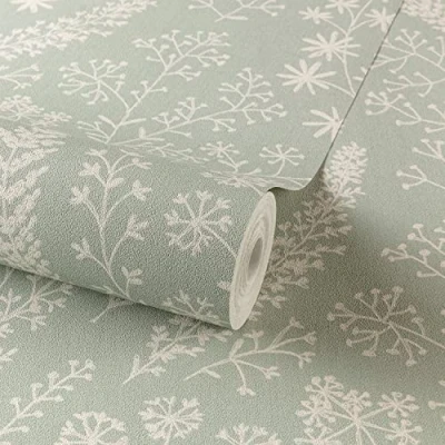 Image of Grandeco Astrid Embroidery Stitch Herbarium Foliage Trail Vinyl Wallpaper, Sage Green A58702