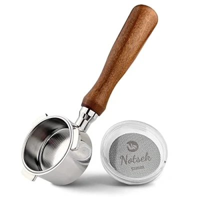 Image of NOTSEK Bottomless Portafilter 51mm with Puck Screen for DeLonghi Dedica EC680/EC685/EC785/EC820/EC850/EC860 Smeg, Stainless Steel Filter Basket Solid Wood Handle