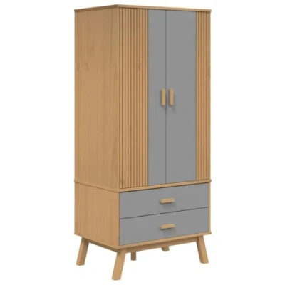 Image of vidaXL OLDEN Wooden Wardrobe Grey/Brown, Solid Pine, Scandinavian Style, Bedroom Storage Cabinet, 2 Drawers, 1 Large Compartment, 76.5x53x172cm