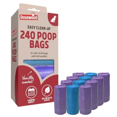 Image of Rosewood Dog Poo Bags with Handles 240 Easy Clean Up Poop Bags, 12 Refill Rolls of Waste Tie Handles, Vanilla Scented, Made Recycled Plastic
