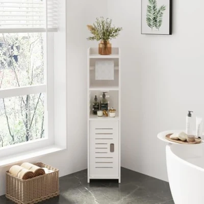 Image of Dripex 5 Tier Bathroom Floor Cabinet with Toilet Paper Holder, Slim White Storage Door, Narrow Free Standing Cupboards Adjustable Shelves for Bathroom, Bedroom or Balcony (Door Style 1)