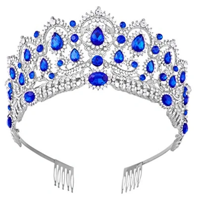 Image of Tiara,Vofler Silver Crown Baroque Vintage Headband Crystal Blue Rhinestone Sapphire Hair Jewelry for Women Queen Ladies Girl Bride Princess Birthday Wedding Pageant Halloween Costume Party with Combs