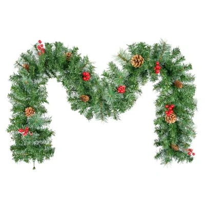 Image of Christmas Garland, Uten 2.2m Fireplace with Pine Needles, Cones and Red Berries Artificial Wreath Garland for Stairs Door Xmas Tree Decoration