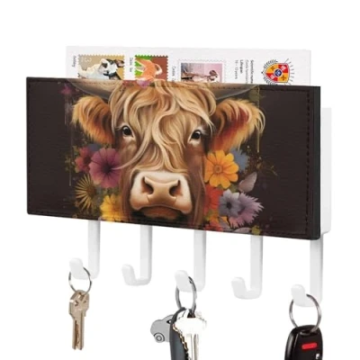 Image of Highland Cow Key Holder for Wall Hangers Organizer Mounted Rack with 5 Hooks