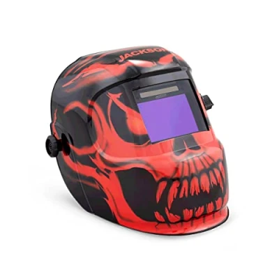 Image of Jackson Safety Premium Auto Darkening Welding Helmet Mask with 4/9 13 Shade Range, 1/1/1/2 Optical Clarity, 1/25,000 sec. Response Time, 370 Speed Dial Headgear, Bead Demon Graphics, Red/Black, 47105