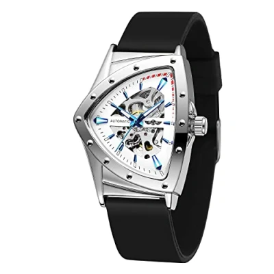 Image of FORSINING New Men Waterproof Skeleton Triangular Mechanical Wrist Watch with Silicone Strap, Silver White Black,