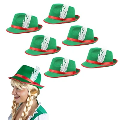 Image of Adults Oktoberfest Hat Pack of 6 Green &amp; Red Bavarian with Feather Detail German Tyrolean Fancy Dress Accessory