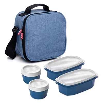 Image of Tatay Urban Food Casual Insulated Lunch Bag, 3L Capacity, 4 Plastic Storage Containers (2 x 0.5 L, 2 0.2 L) BPA Free, Blue Denim. Measure 22.5 10 22 cm