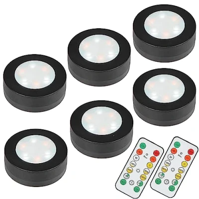 Image of MOUJUCHI Under Cabinet Kitchen Lights, 6 Pack Wardrobe Lights Battery Operated Wall with Remote Control Brightness Dimmable for Closet Stairs Drawer Counter