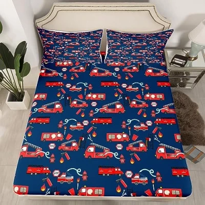 Image of Fire Truck Fitted Sheet Kids Red Firefighter Bedding Set for Boys Firemen Car Vehicle Bed Engine and Blue Cover Deep Pocket Decor Single