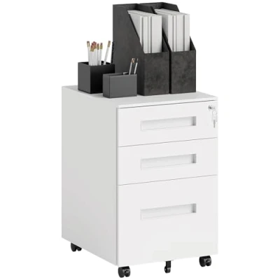 Image of Vinsetto Metal Mobile File Cabinet with Wheels, Lockable 3 Drawer Filing for A4, Legal, Letter, Under Desk Office Pre Assembled Body Home Office, 39 x 48 60 cm, White