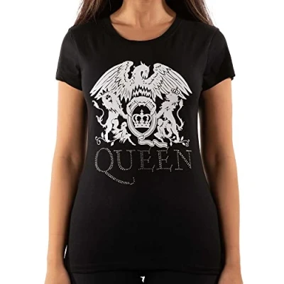 Image of Queen Women&#039;s Crest Logo Diamante Black T Shirt: XX Large