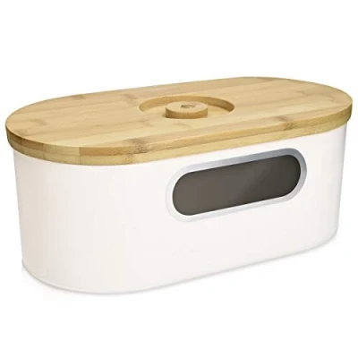 Image of Navaris Bread Bin with Bamboo Lid Cream Colour Metal Storage Container Window and Wooden Chopping Board Vintage Style Kitchen Box Tin