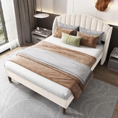 Image of BTM Upholstered Double Bed, 4FT6 Bed Frame with Headboard and Wooden Slatted Support, Youth Beige Velvet Frame, 135x190cm