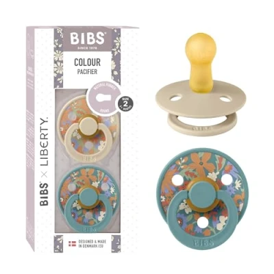 Image of BIBS Liberty Pacifier 2 Colour Natural Rubber Latex Soothers Size (6 18 Months) BPA Free Dummy Round Nipple Designed &amp; Made in Denmark June Blossom Vanilla Hush Mix