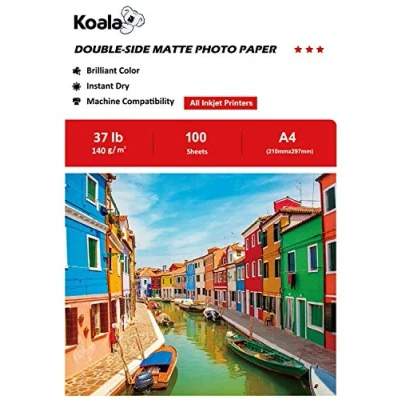Image of KOALA Double Sided Matte Inkjet Photo Paper A4, 140gsm, 100 Sheets for Printers. Suitable Printing Photos, Brochures, Covers, Certificates, Booklets, Flyers, Leaflets, Cards, Calendars
