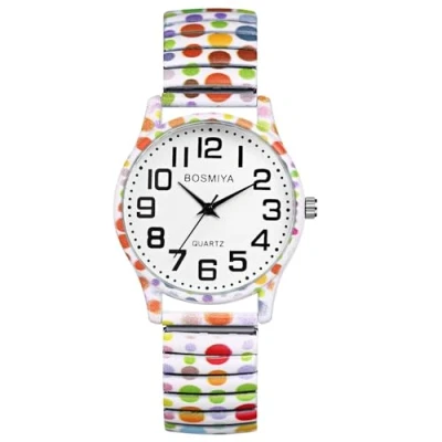 Image of JewelryWe Elastic Watches for Women: Easy Read Analog Quartz Stretch Band Watch Cute Printing Expansion Wristwatch