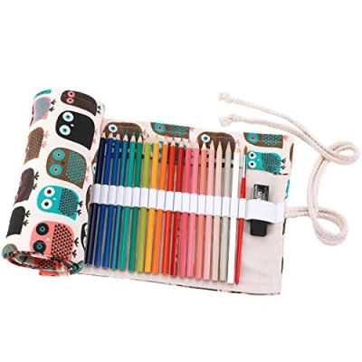 Image of Amoyie Hand Roll Up Bag for 36 Coloring Pencil, Canvas pencil Organiser Artist Pen Carrier Bag, Wrap Kids, Easy Use (no included), Cute Owl