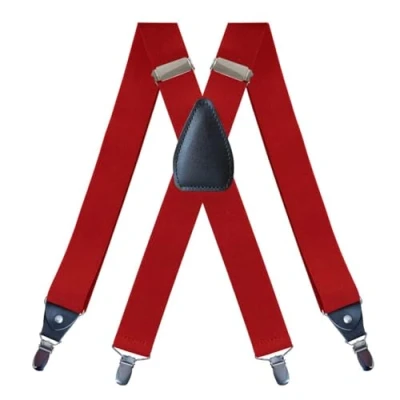 Image of PlayCool WannGe Mens Suspenders Adjustable Elastic Heavy Duty 1.4 Inch Wide X Shape 4 Strong Clips Suspender Braces Red