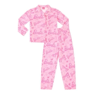 Image of Barbie Womens and Girls Long Satin Pyjama Set Summer Two Piece Pyjamas Silk (8 9 Years) Pink