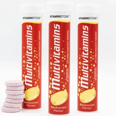 Image of Vitamin Store Effervescent Multivitamins 3 Packs of 20 Blackcurrant Flavour Fizzy Dissolvable Tablets Vitamins A, C, D, E, K, B1, B2, B6 B12, Folic Acid 2 Month Supply (60 Tablets)
